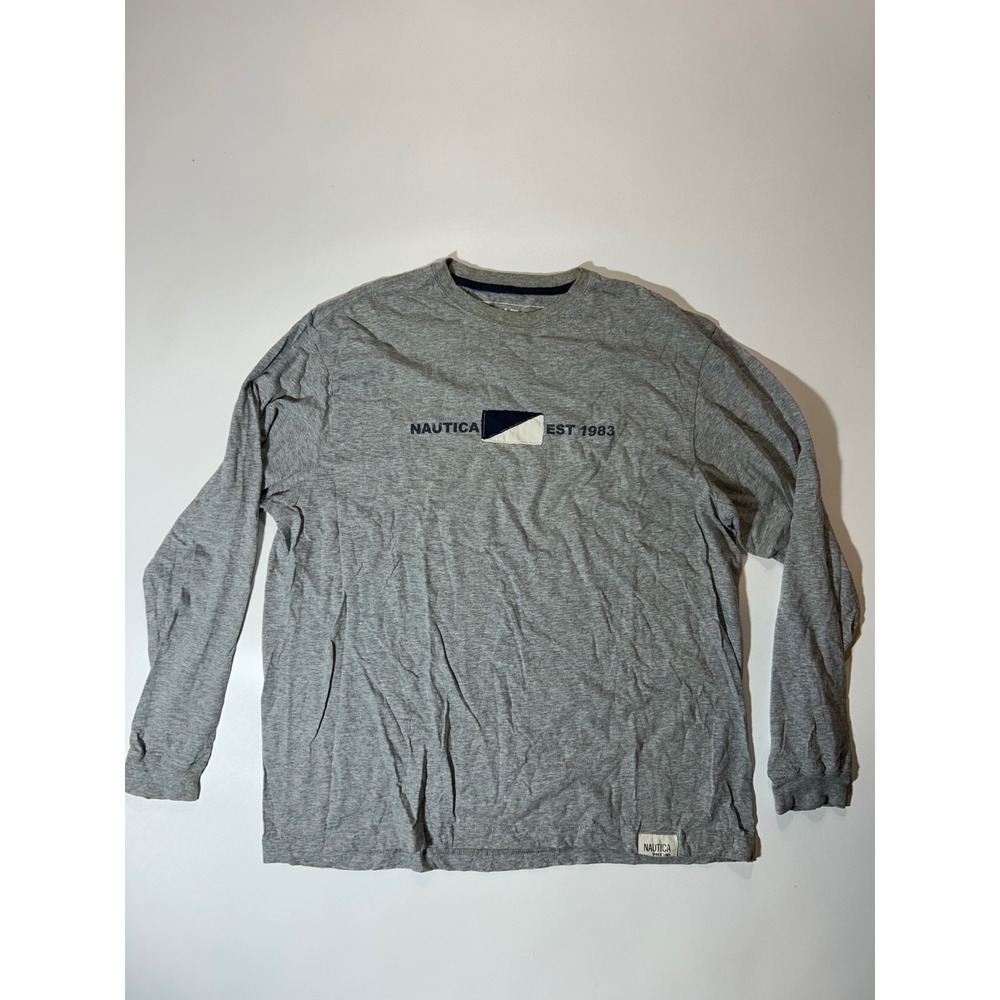 Nautica Long Sleeve T-Shirt Mens Medium Gray Excellent Graphic Crew Neck
